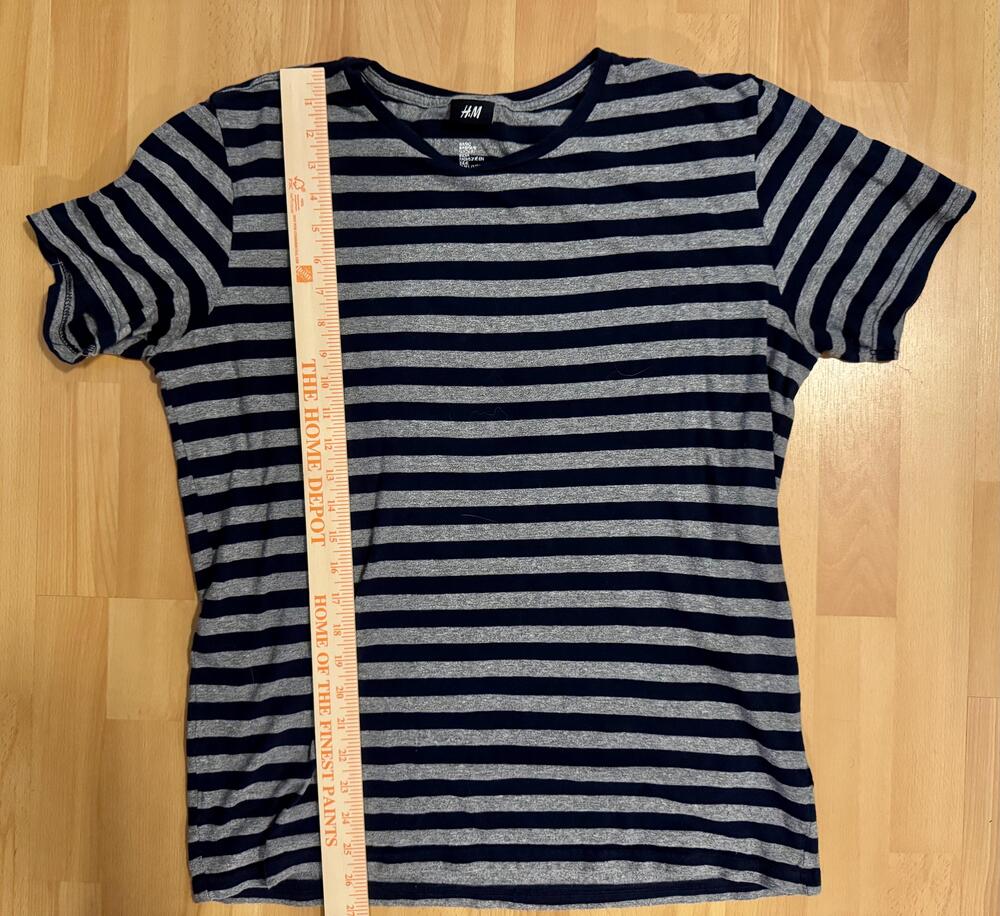 H&M Shirt Mens Large Blue Gray Striped Crewneck Casual Basic Soft Short Sleeve